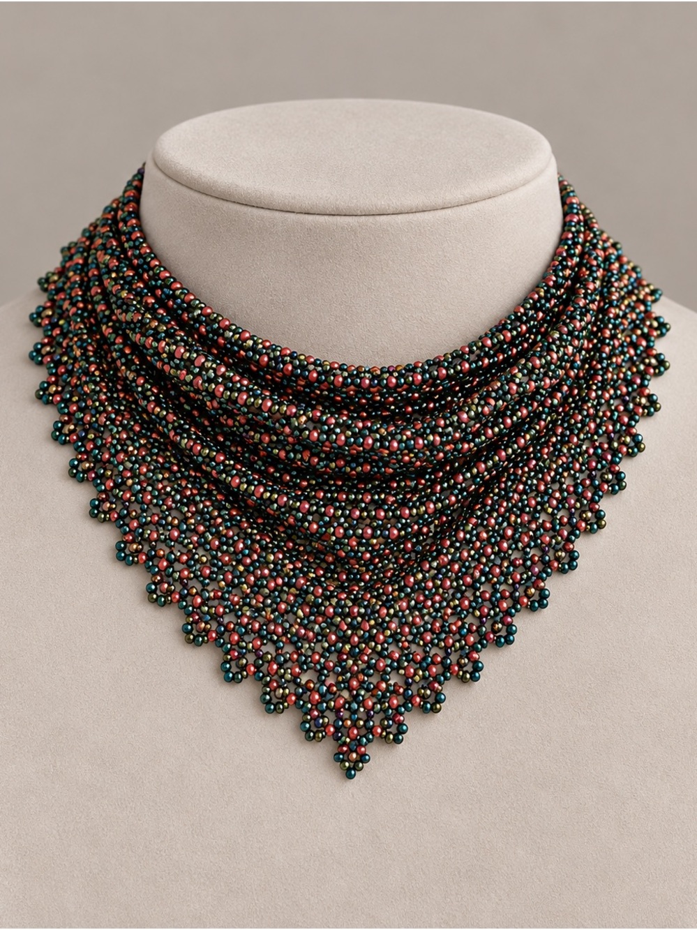 Multistrand Beaded Statement Necklace in Emerald & Coral